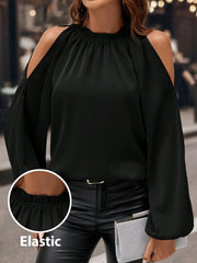 Editum 1pc Women's Open Shoulder Blouse, Elegant Ruched Long Sleeve Black