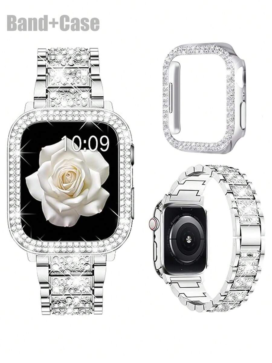 Kompatibilna narukvica i kućište  sa sjajnom metalnom narukvicom sa kristalima i otpornim tvrdim PC kućištem Kompatibilno sa Apple Watch Series Ultra/11/10/9/8/7/6/5/4/3/SE