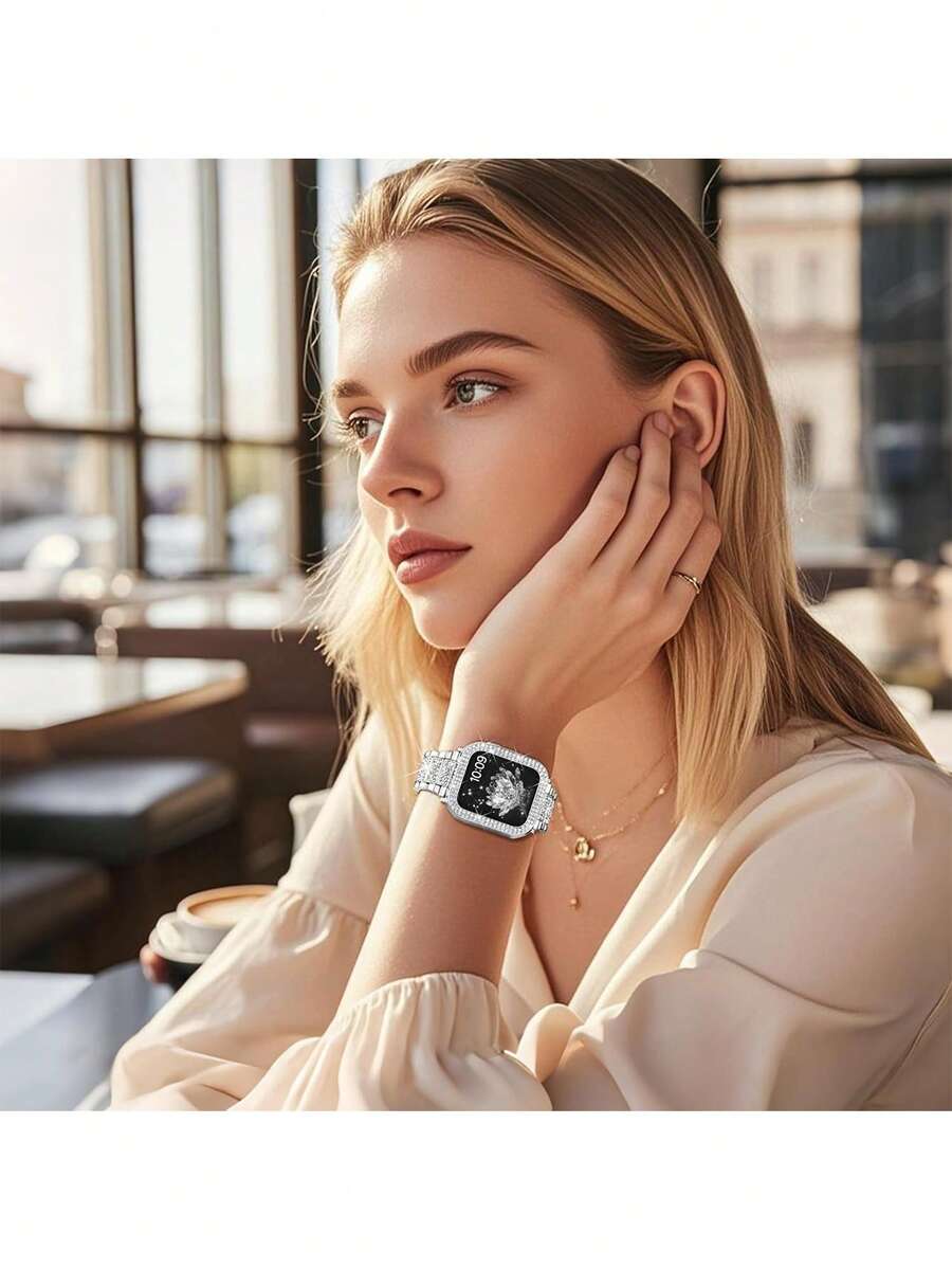Kompatibilna narukvica i kućište  sa sjajnom metalnom narukvicom sa kristalima i otpornim tvrdim PC kućištem Kompatibilno sa Apple Watch Series Ultra/11/10/9/8/7/6/5/4/3/SE
