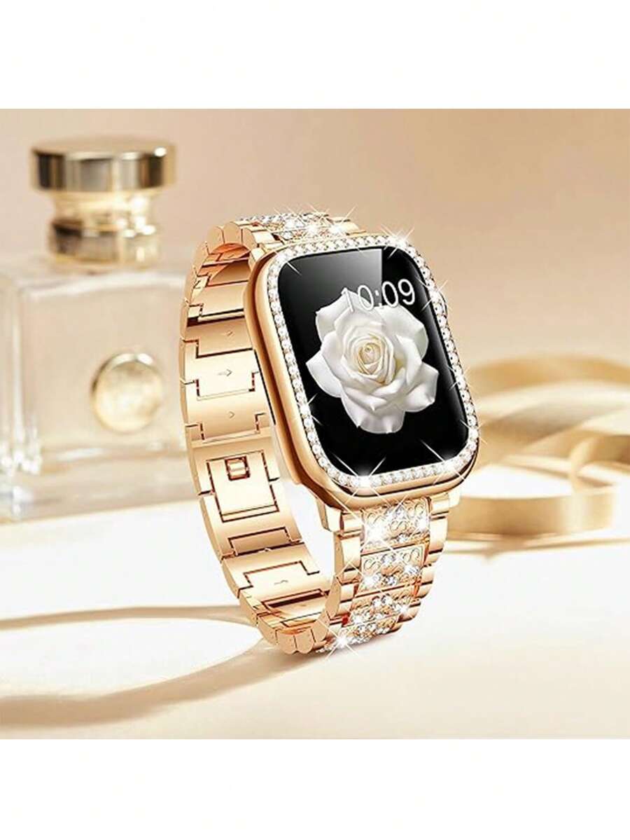 Kompatibilna narukvica i kućište  sa sjajnom metalnom narukvicom sa kristalima i otpornim tvrdim PC kućištem Kompatibilno sa Apple Watch Series Ultra/11/10/9/8/7/6/5/4/3/SE