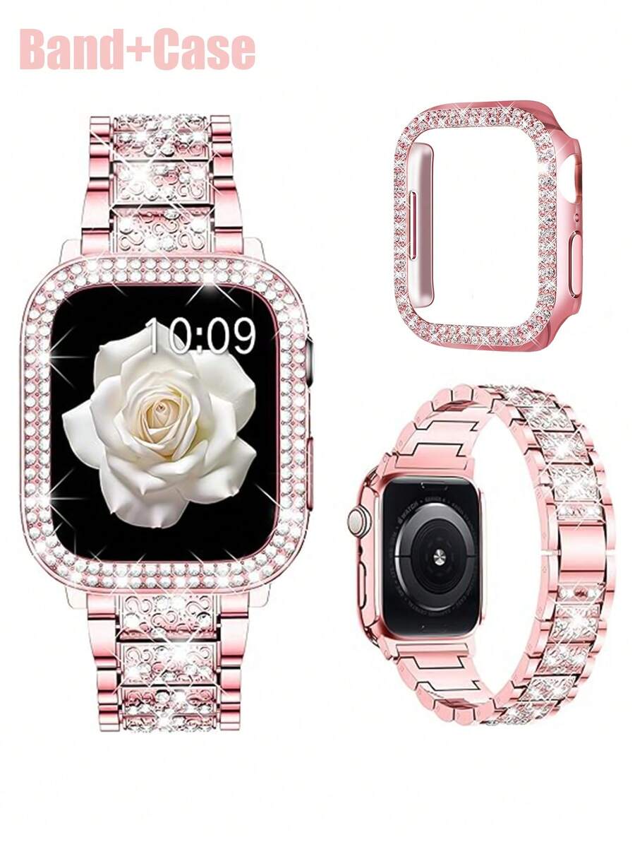 Kompatibilna narukvica i kućište  sa sjajnom metalnom narukvicom sa kristalima i otpornim tvrdim PC kućištem Kompatibilno sa Apple Watch Series Ultra/11/10/9/8/7/6/5/4/3/SE