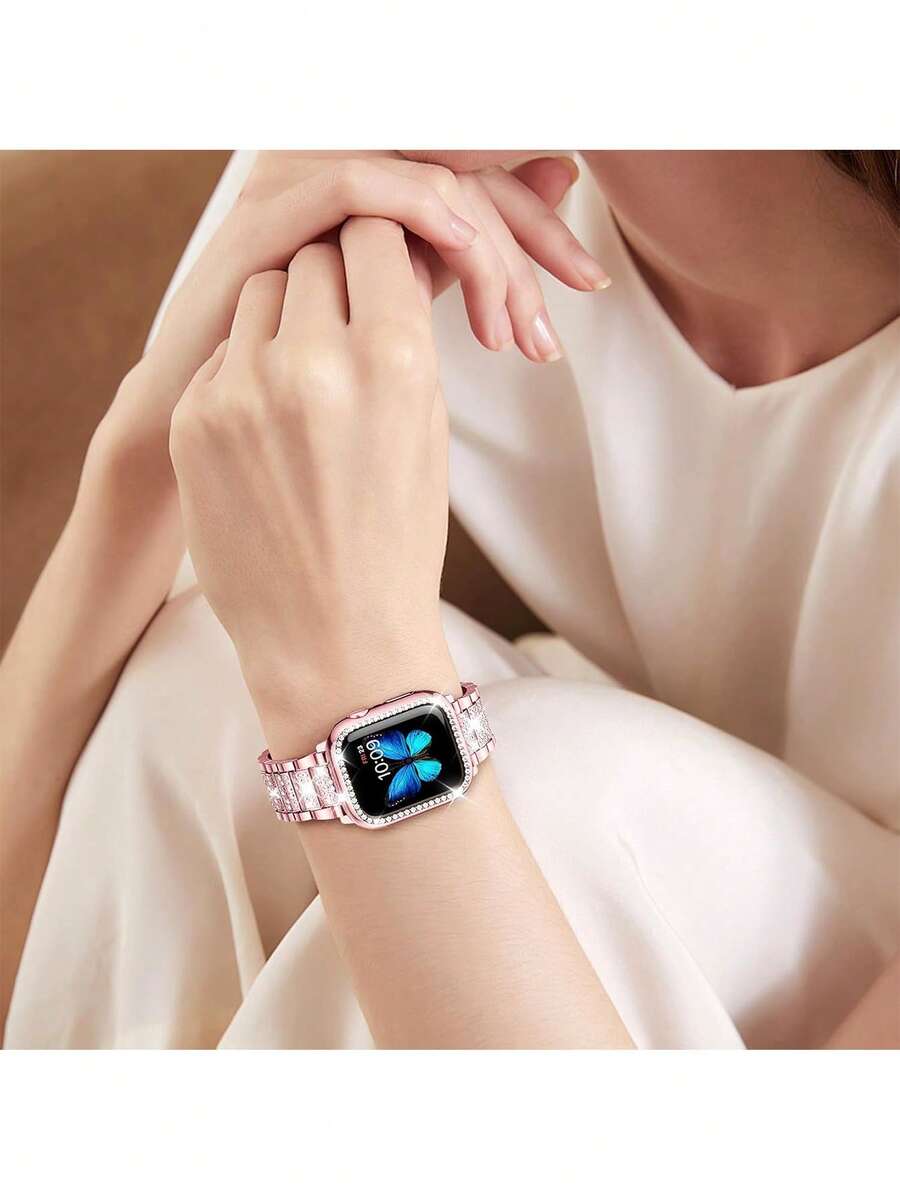 Kompatibilna narukvica i kućište  sa sjajnom metalnom narukvicom sa kristalima i otpornim tvrdim PC kućištem Kompatibilno sa Apple Watch Series Ultra/11/10/9/8/7/6/5/4/3/SE