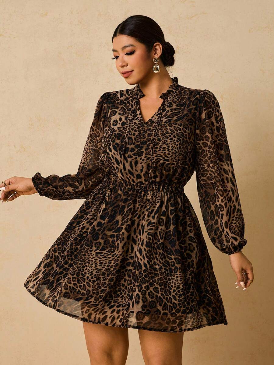 Ženska haljina + size od šifona sa leopard printom, dugi rukavi, V-izrez, vezivanje u struku