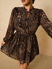 Ženska haljina + size od šifona sa leopard printom, dugi rukavi, V-izrez, vezivanje u struku