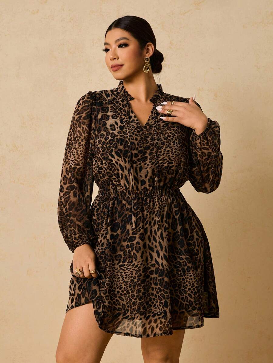 Ženska haljina + size od šifona sa leopard printom, dugi rukavi, V-izrez, vezivanje u struku