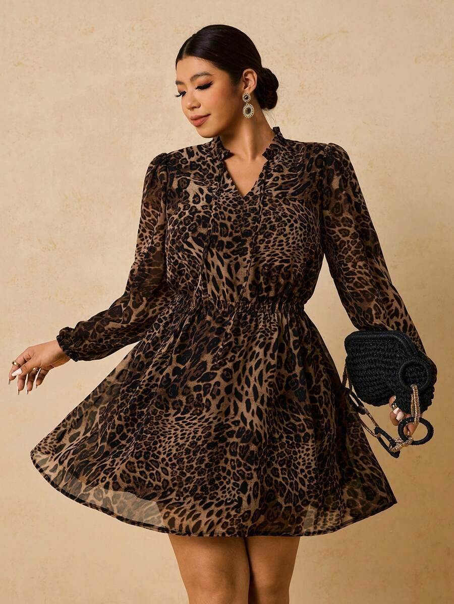 Ženska haljina + size od šifona sa leopard printom, dugi rukavi, V-izrez, vezivanje u struku
