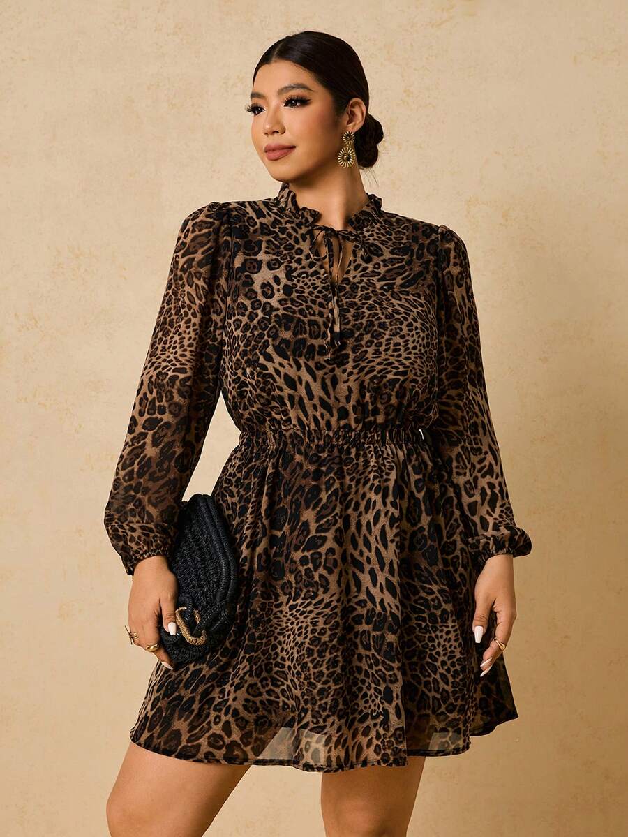 Ženska haljina + size od šifona sa leopard printom, dugi rukavi, V-izrez, vezivanje u struku