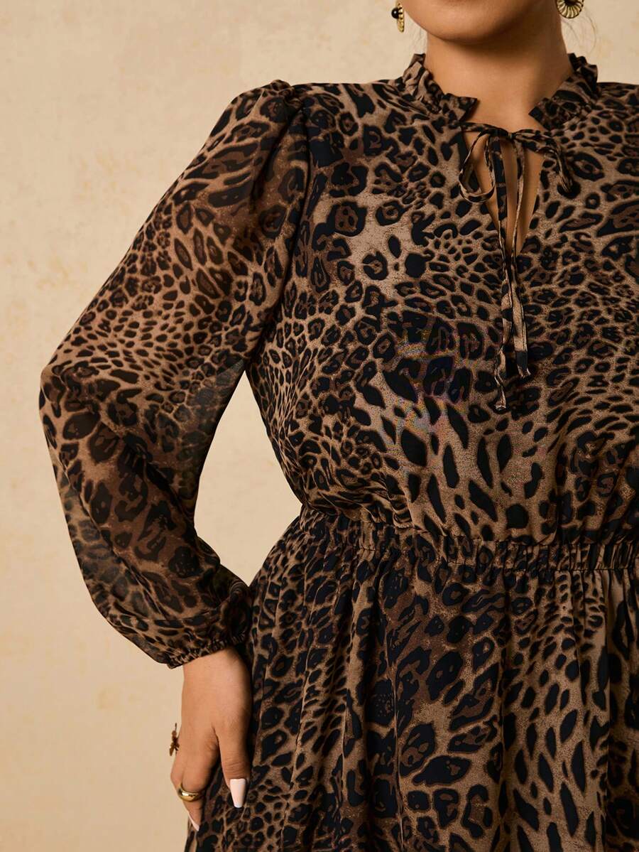 Ženska haljina + size od šifona sa leopard printom, dugi rukavi, V-izrez, vezivanje u struku