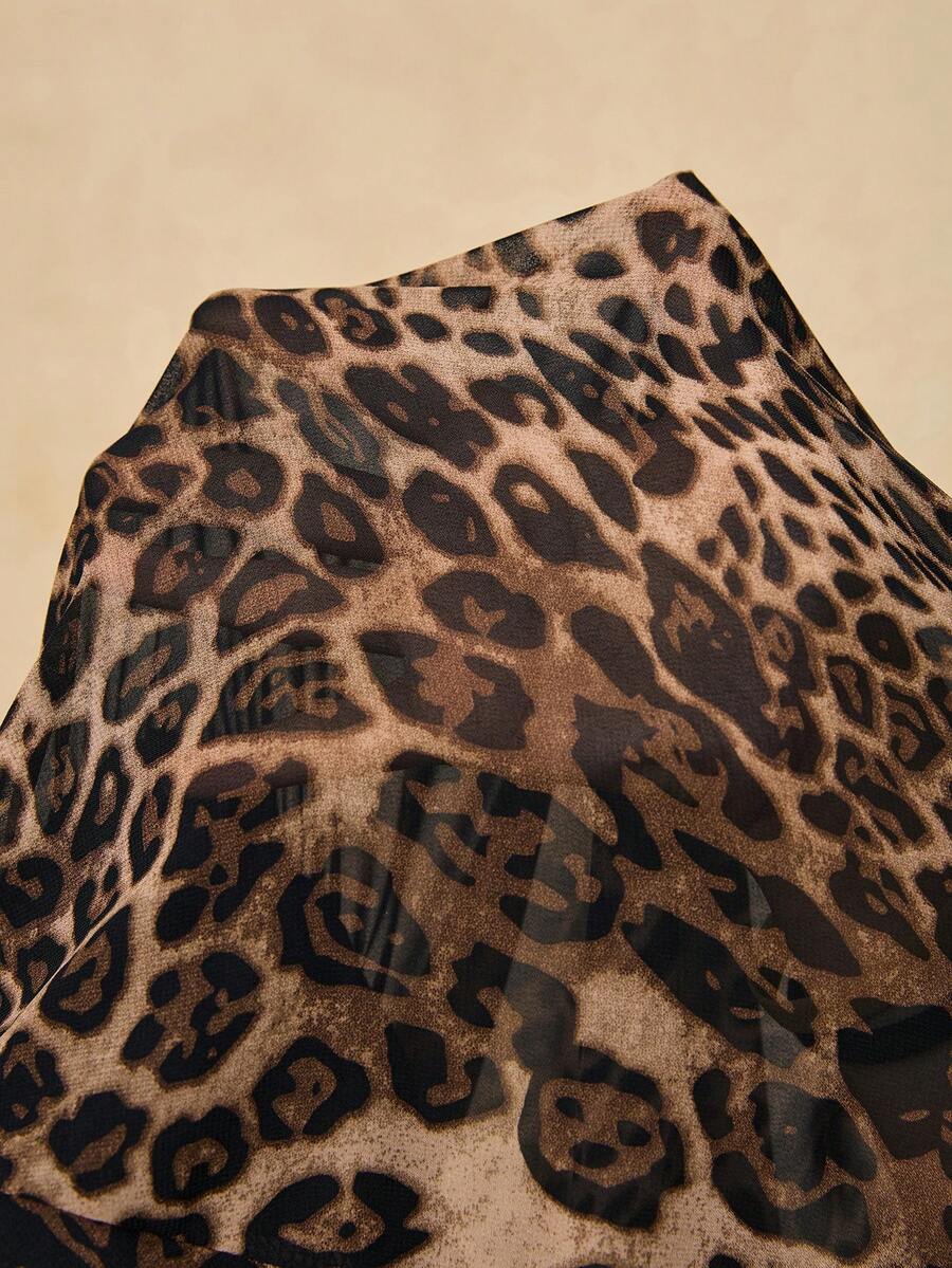 Ženska haljina + size od šifona sa leopard printom, dugi rukavi, V-izrez, vezivanje u struku