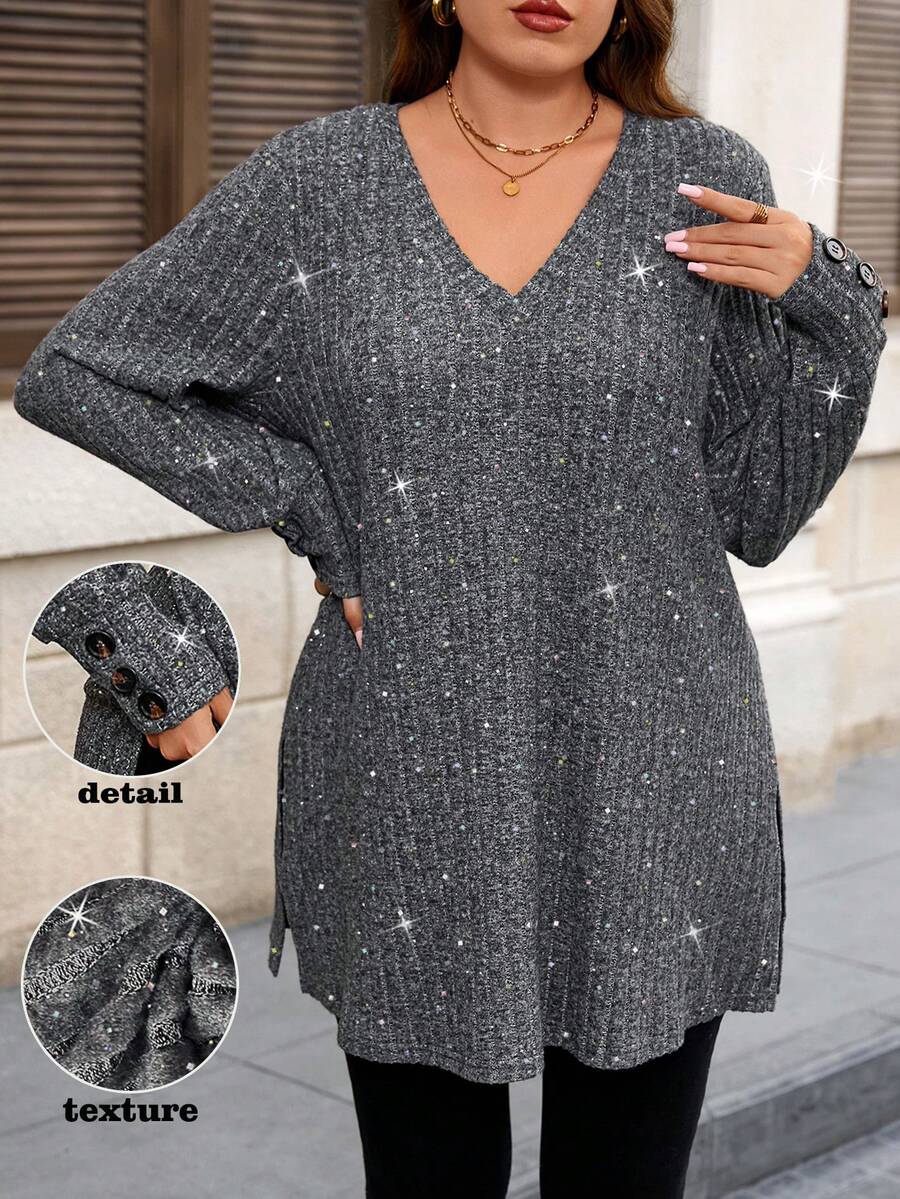 Ženska bluza plus size jednobojna sa rebrastim pletenjem elegantna i svestrana, dugih rukava