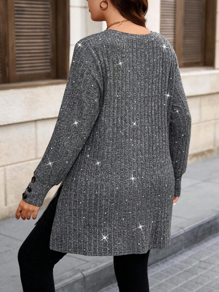 Ženska bluza plus size jednobojna sa rebrastim pletenjem elegantna i svestrana, dugih rukava