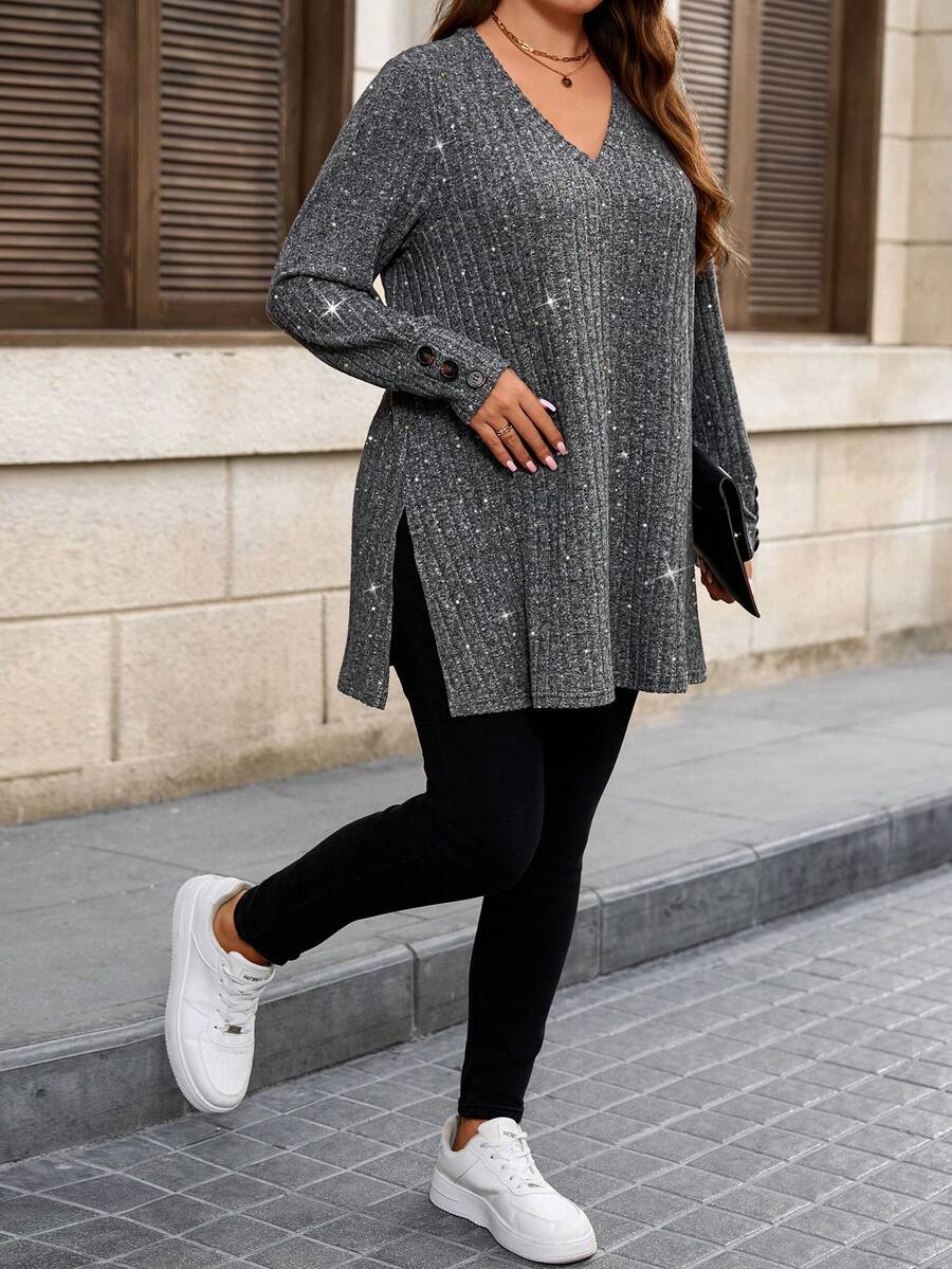 Ženska bluza plus size jednobojna sa rebrastim pletenjem elegantna i svestrana, dugih rukava