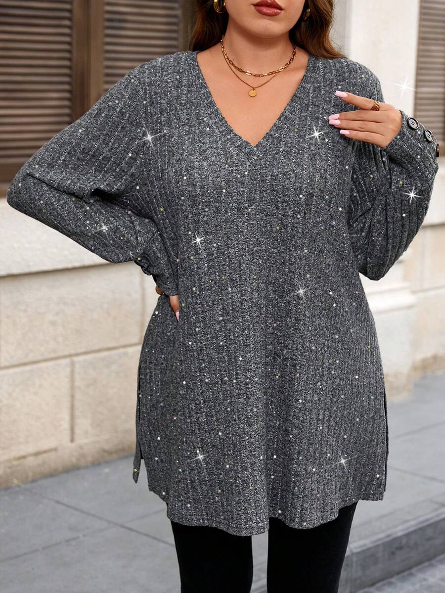 Ženska bluza plus size jednobojna sa rebrastim pletenjem elegantna i svestrana, dugih rukava