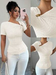 Selianne Women's Elegant Asymmetric Neckline 3D Rose Gold Button Decor Short Sleeve T-Shirt