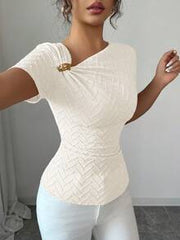 Selianne Women's Elegant Asymmetric Neckline 3D Rose Gold Button Decor Short Sleeve T-Shirt