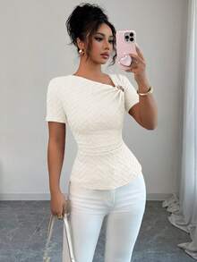 Selianne Women's Elegant Asymmetric Neckline 3D Rose Gold Button Decor Short Sleeve T-Shirt