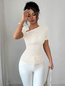 Selianne Women's Elegant Asymmetric Neckline 3D Rose Gold Button Decor Short Sleeve T-Shirt