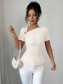 Selianne Women's Elegant Asymmetric Neckline 3D Rose Gold Button Decor Short Sleeve T-Shirt