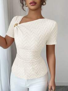 Selianne Women's Elegant Asymmetric Neckline 3D Rose Gold Button Decor Short Sleeve T-Shirt