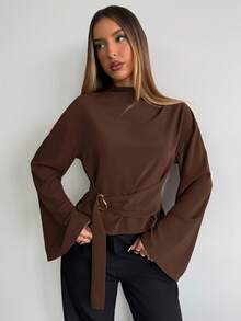 Aloruh Women's Elegant Coffee Brown Bell Sleeve Shirt, Autumn Office Tops With Metal Buttons, Solid Color Basic Tops For Business Commute, Old Money Style
