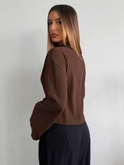 Aloruh Women's Elegant Coffee Brown Bell Sleeve Shirt, Autumn Office Tops With Metal Buttons, Solid Color Basic Tops For Business Commute, Old Money Style