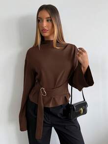Aloruh Women's Elegant Coffee Brown Bell Sleeve Shirt, Autumn Office Tops With Metal Buttons, Solid Color Basic Tops For Business Commute, Old Money Style