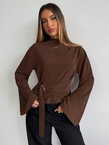 Aloruh Women's Elegant Coffee Brown Bell Sleeve Shirt, Autumn Office Tops With Metal Buttons, Solid Color Basic Tops For Business Commute, Old Money Style