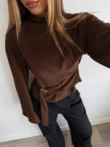 Aloruh Women's Elegant Coffee Brown Bell Sleeve Shirt, Autumn Office Tops With Metal Buttons, Solid Color Basic Tops For Business Commute, Old Money Style