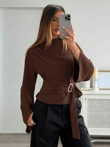 Aloruh Women's Elegant Coffee Brown Bell Sleeve Shirt, Autumn Office Tops With Metal Buttons, Solid Color Basic Tops For Business Commute, Old Money Style