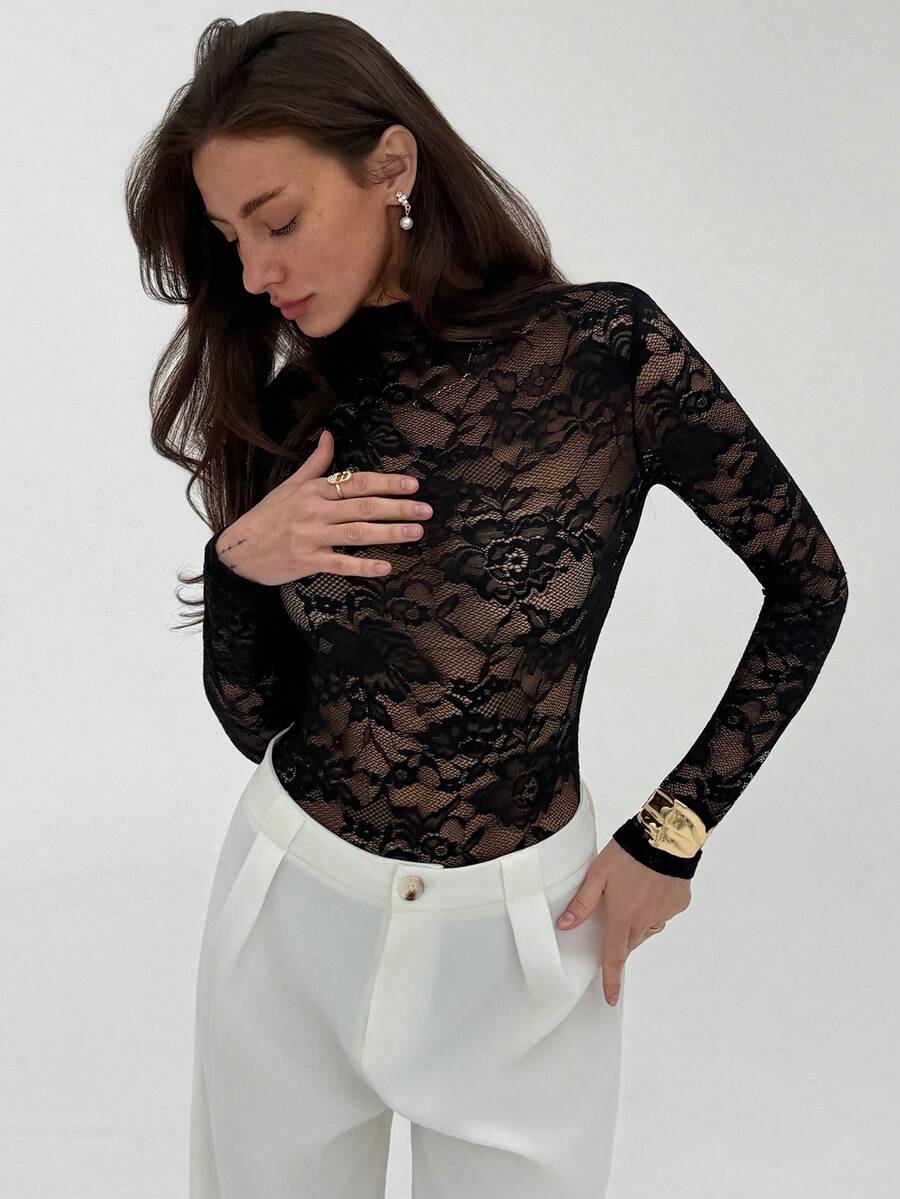 Ženski crni bodi sa cvetnim čipkastim uzorkom, elegantan seksi providni