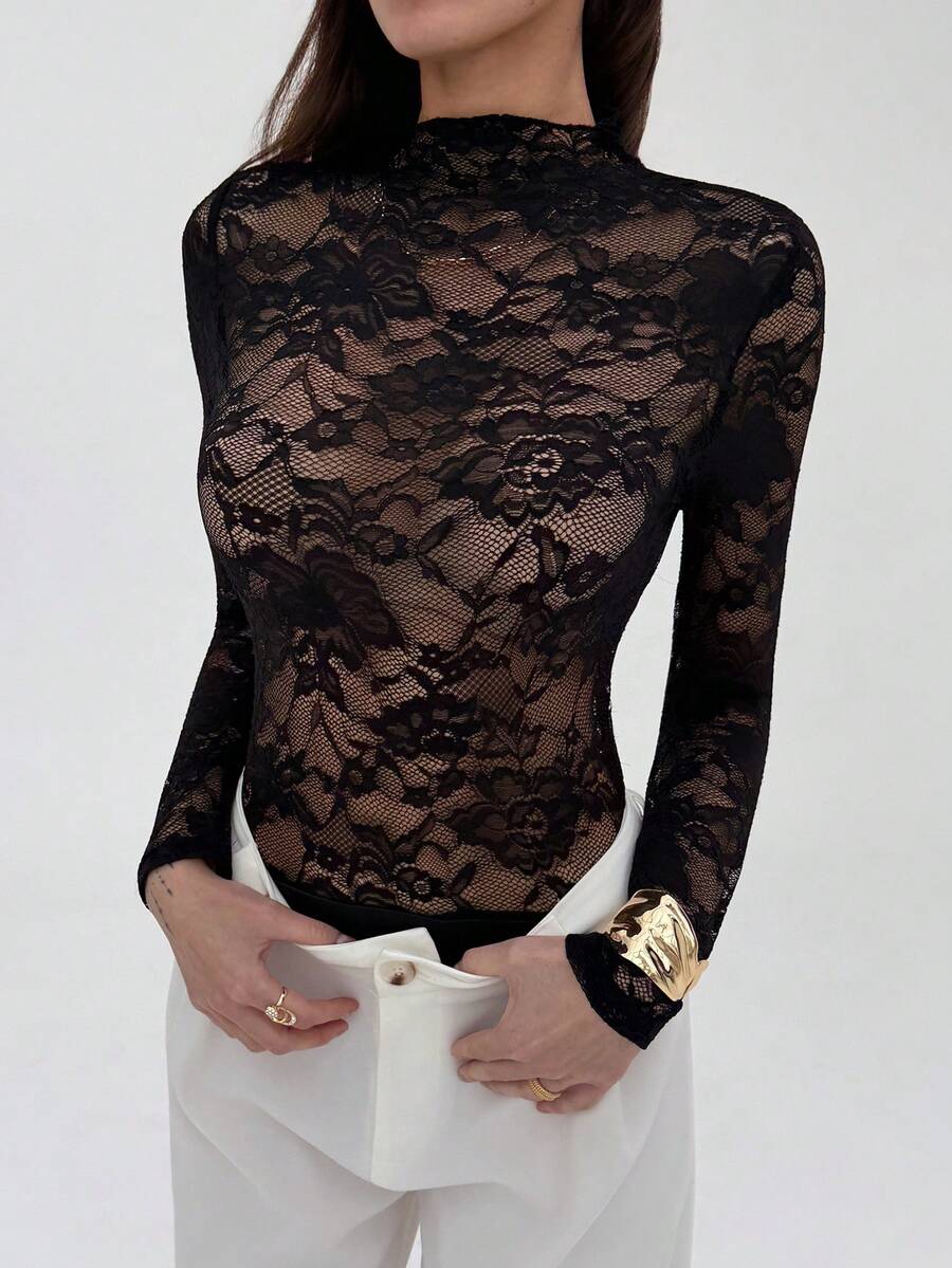 Ženski crni bodi sa cvetnim čipkastim uzorkom, elegantan seksi providni