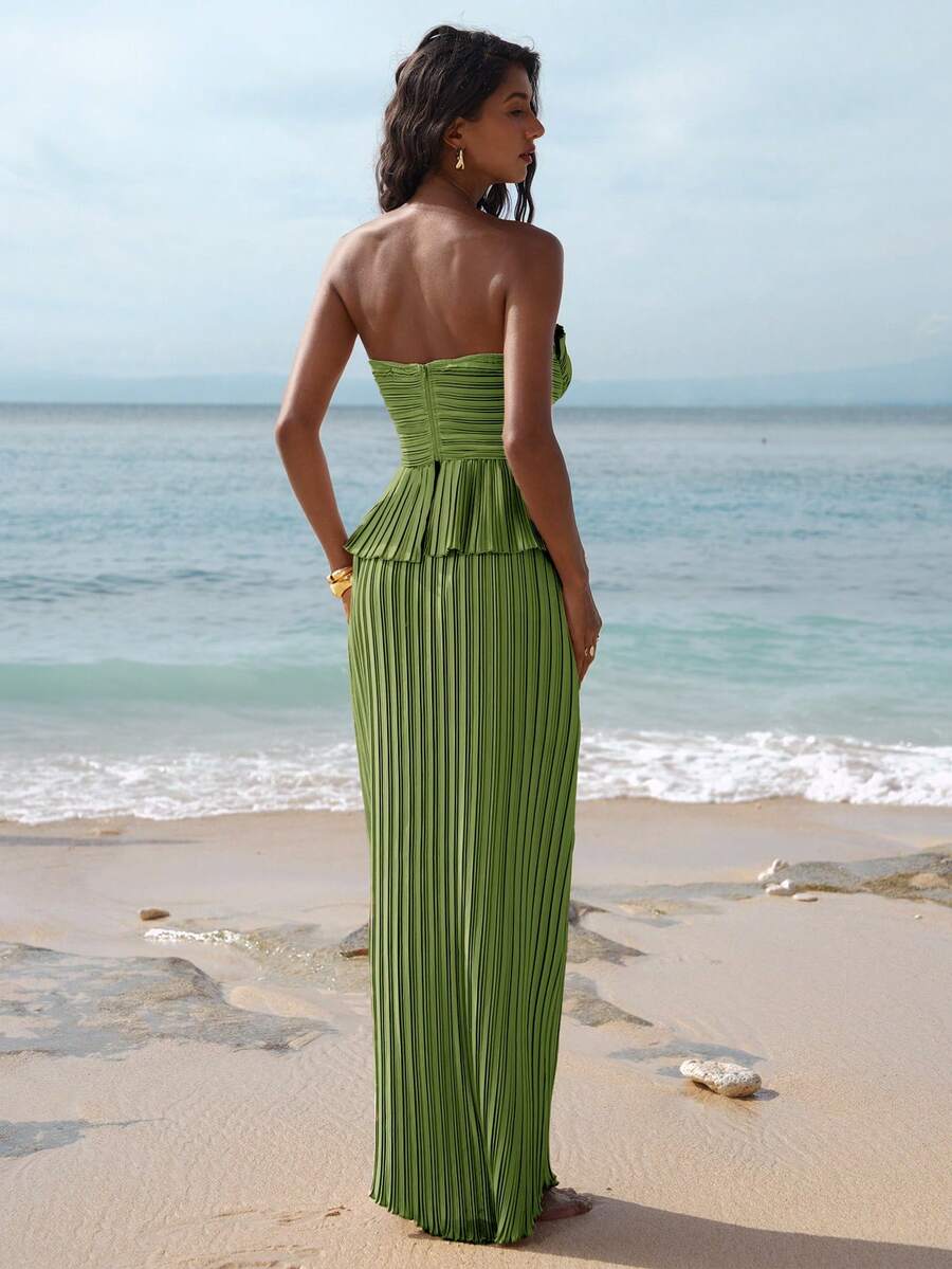 Ženski  Claret Bandeau Top & Suknja sa Visokim Strukom i Sirena Porubom