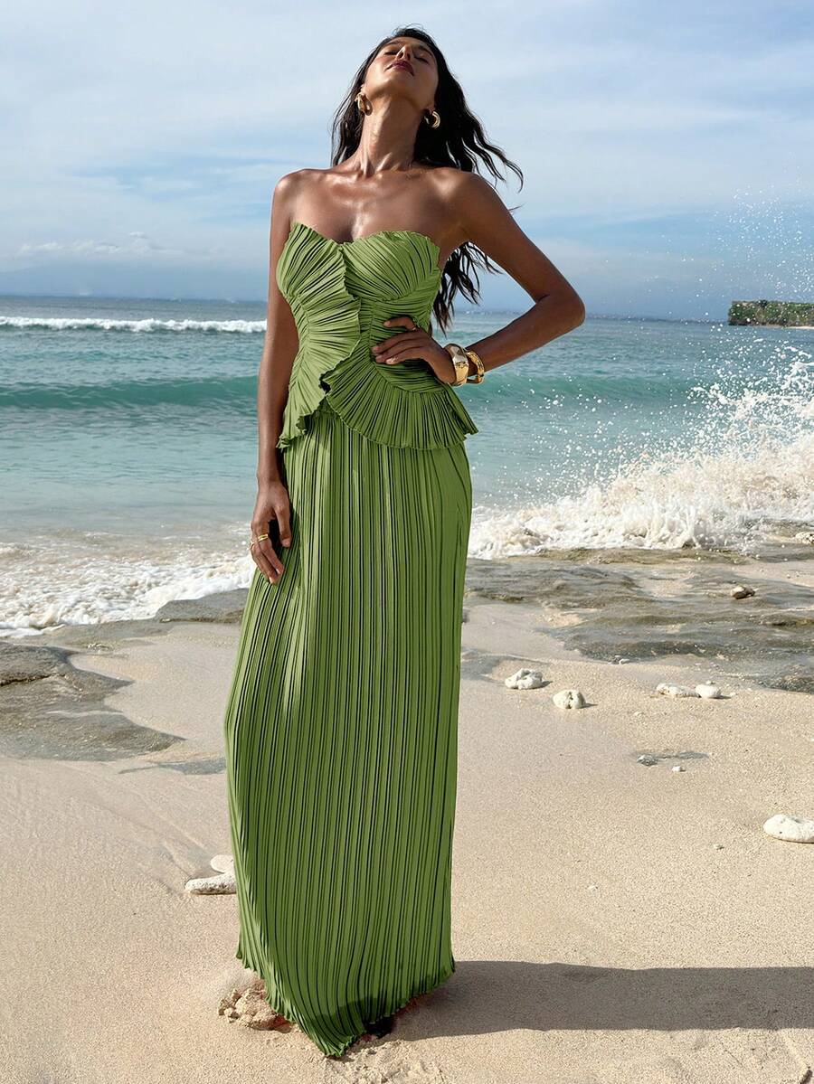 Ženski  Claret Bandeau Top & Suknja sa Visokim Strukom i Sirena Porubom