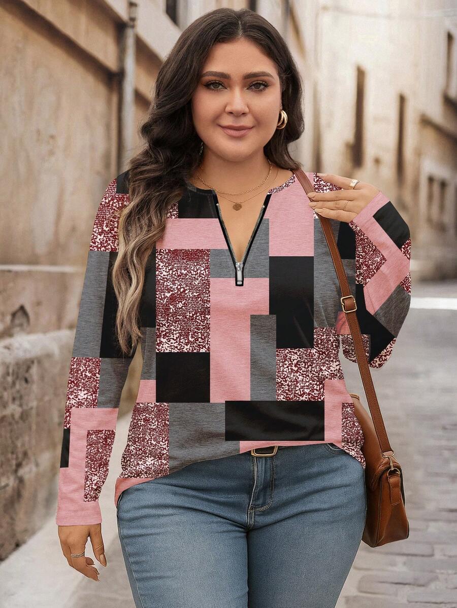 Bluza plus size, širokog kroja, sa polu-ziperom, okruglim izrezom i dugim rukavima