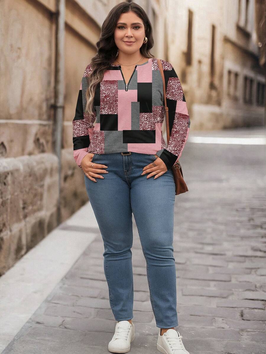 Bluza plus size, širokog kroja, sa polu-ziperom, okruglim izrezom i dugim rukavima