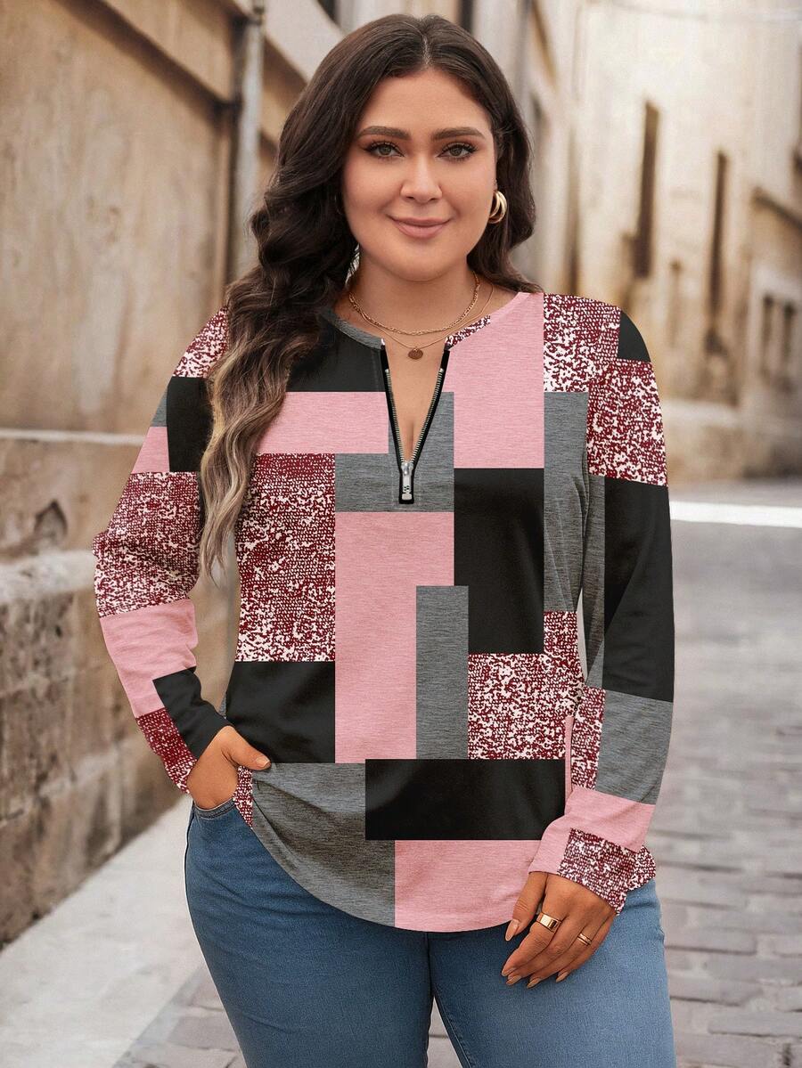 Bluza plus size, širokog kroja, sa polu-ziperom, okruglim izrezom i dugim rukavima