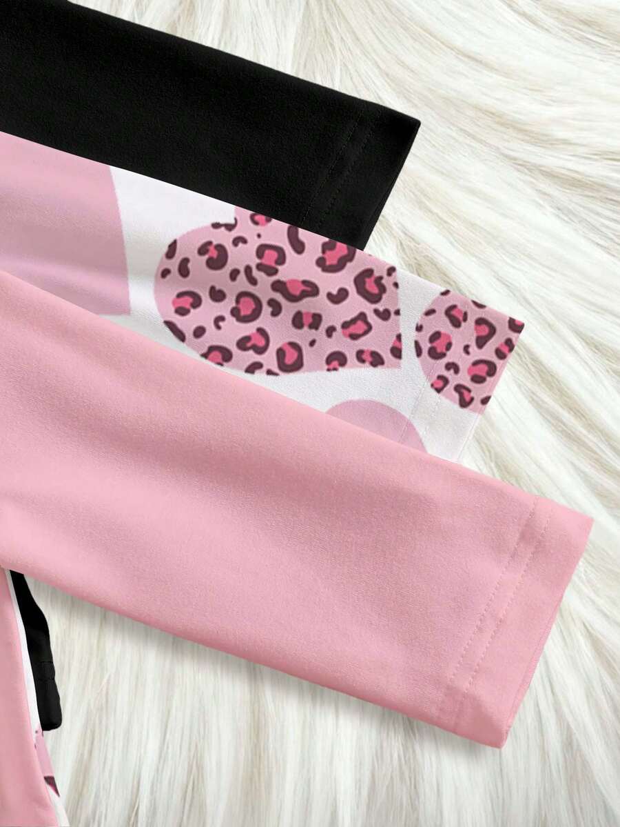 3-delni ležerni set sa leopard printom, srcem i grafikom slova , dugih rukava