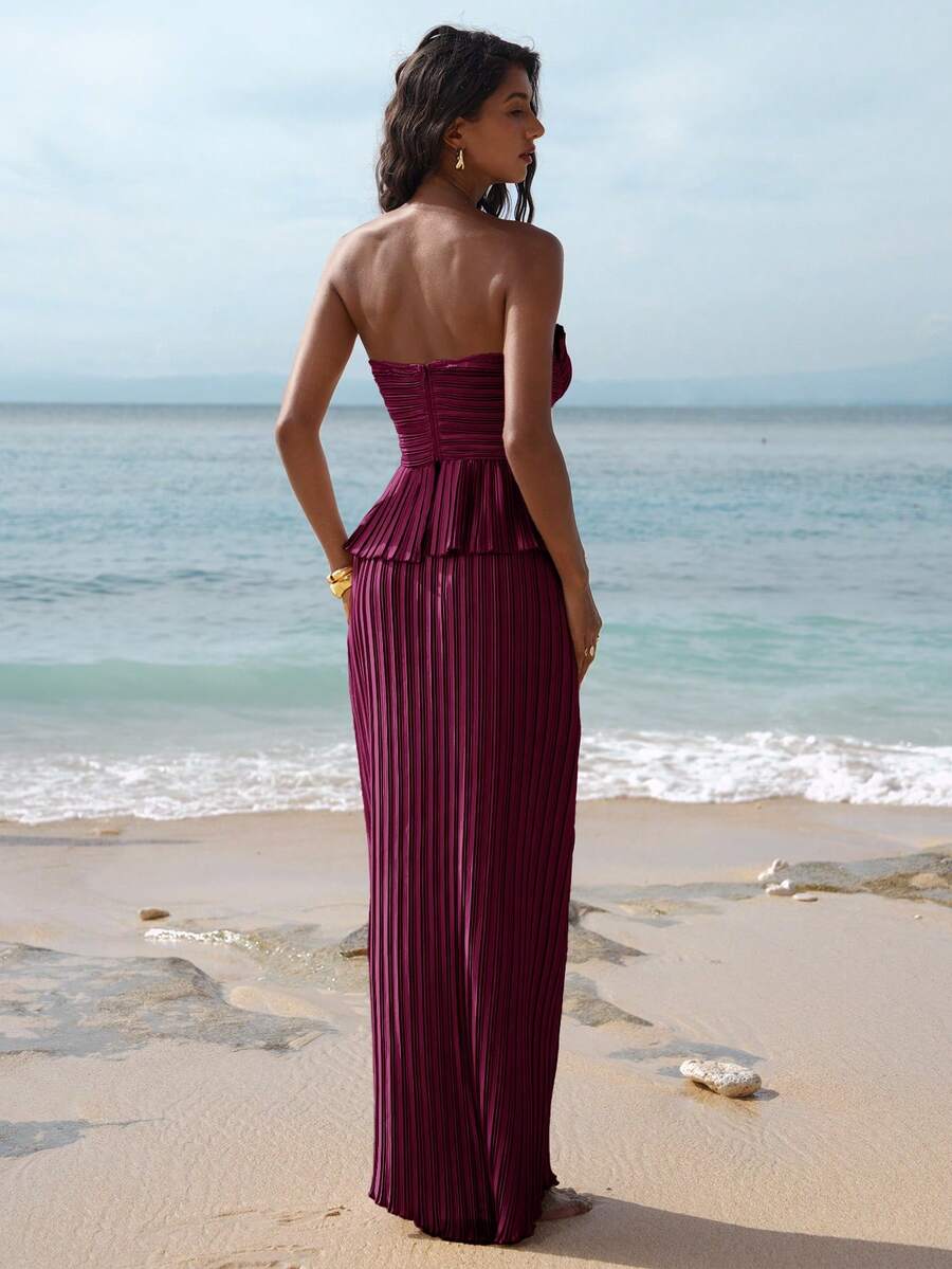 Ženski  Claret Bandeau Top & Suknja sa Visokim Strukom i Sirena Porubom