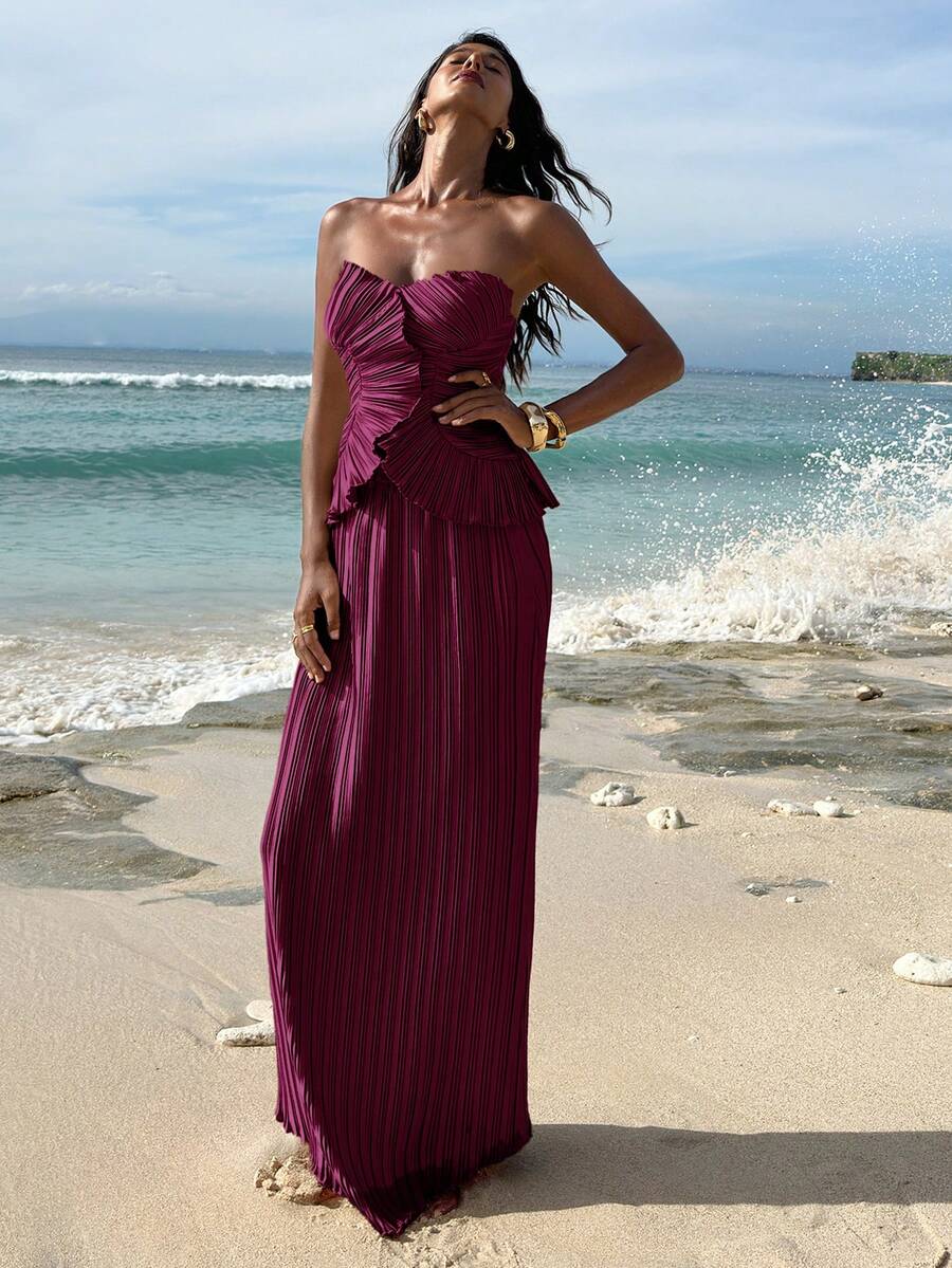 Ženski  Claret Bandeau Top & Suknja sa Visokim Strukom i Sirena Porubom