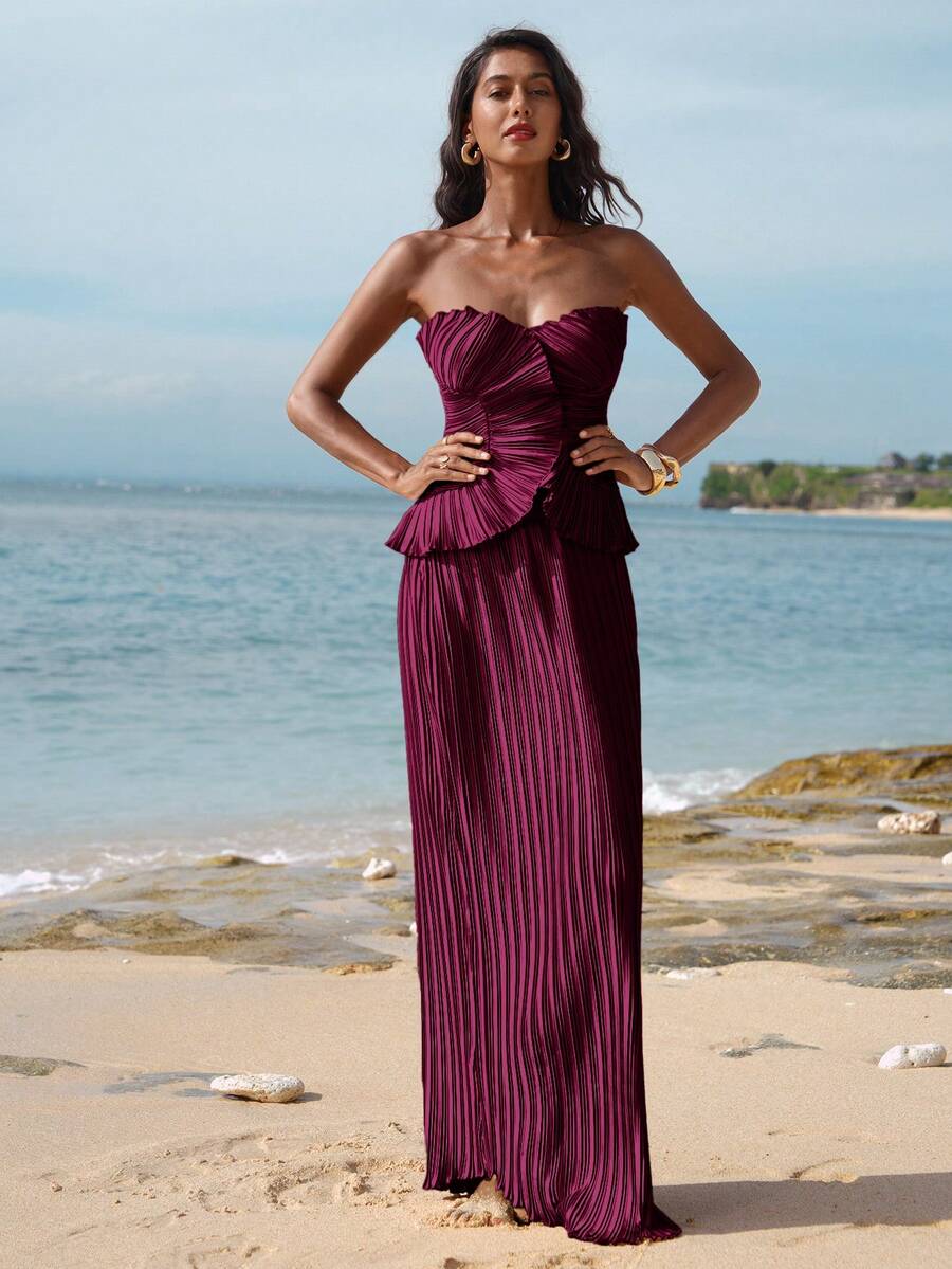 Ženski  Claret Bandeau Top & Suknja sa Visokim Strukom i Sirena Porubom