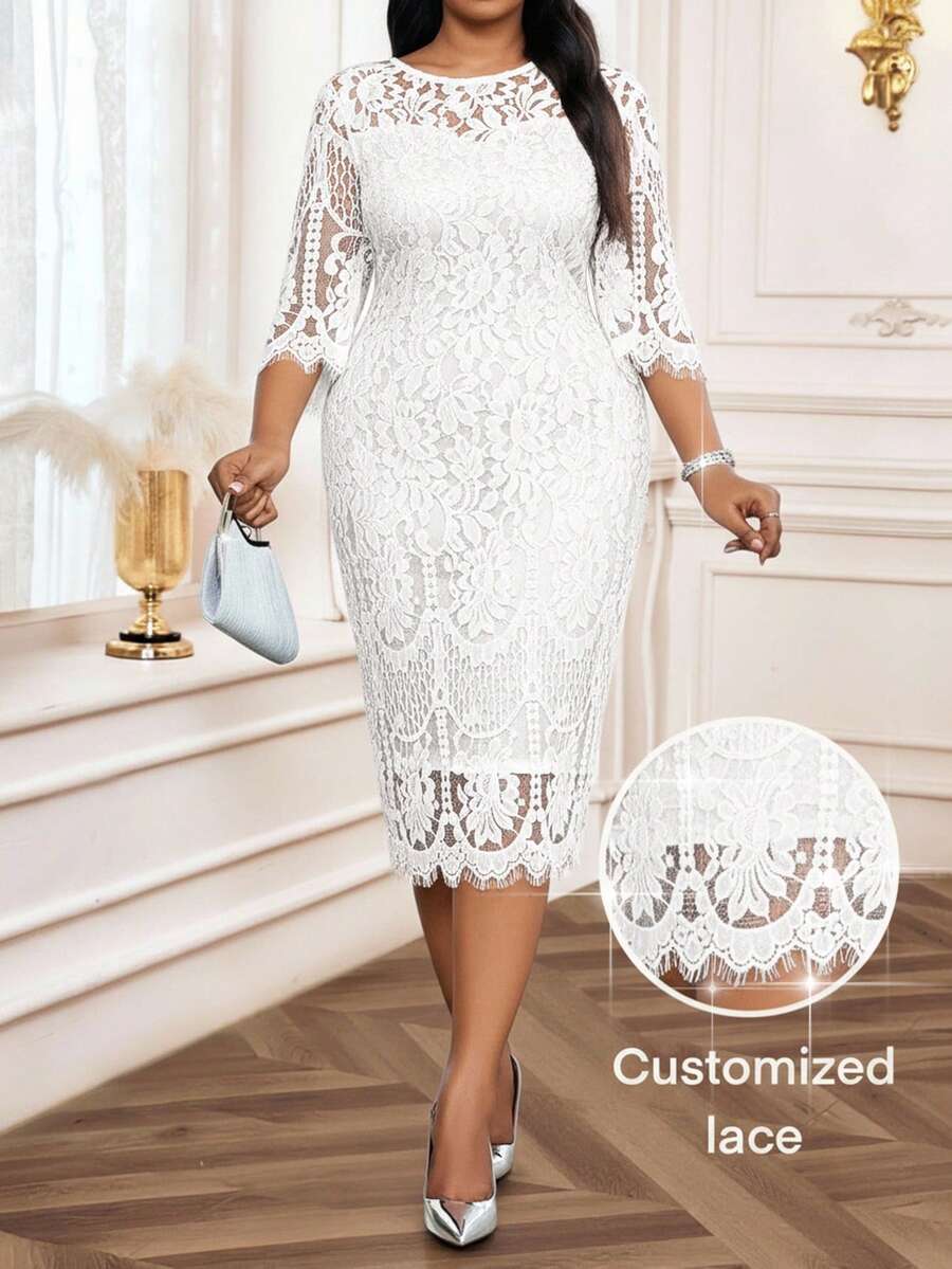 Elegantna crna midi haljina od čipke za žene, plus size, sa 3/4 rukavima