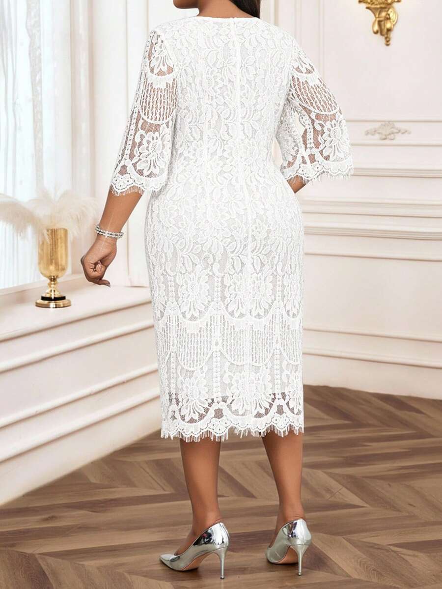 Elegantna crna midi haljina od čipke za žene, plus size, sa 3/4 rukavima