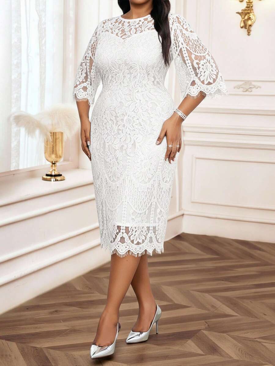 Elegantna crna midi haljina od čipke za žene, plus size, sa 3/4 rukavima