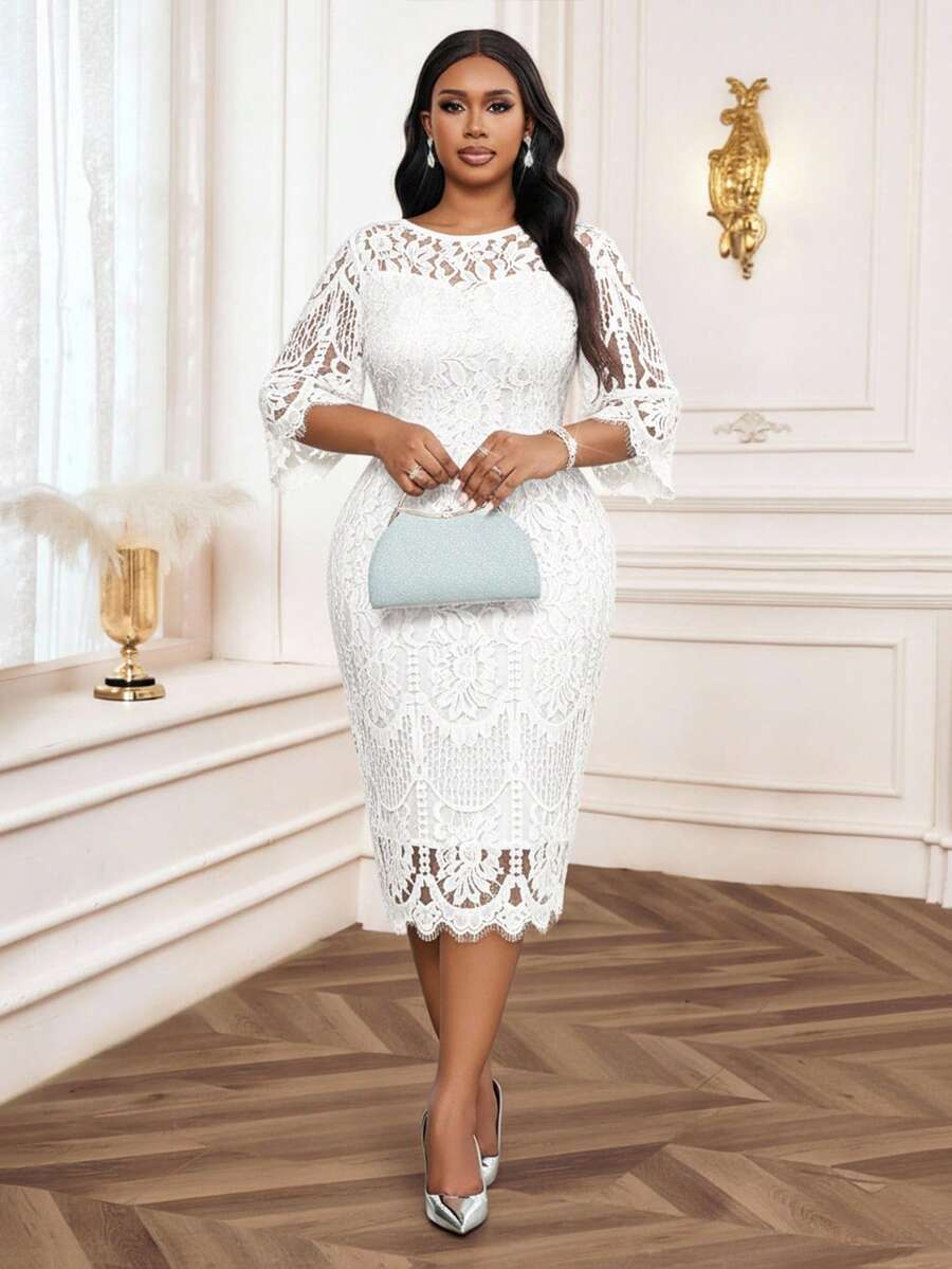 Elegantna crna midi haljina od čipke za žene, plus size, sa 3/4 rukavima