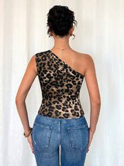 SHEIN Raffinéa Women's One Shoulder Leopard Print Top, Metallic Pleated Ruched Sleeveless Cheetah Knit Tank Top