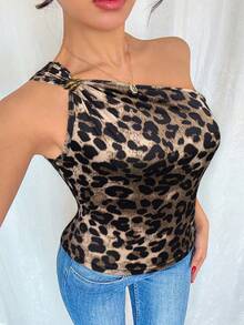 SHEIN Raffinéa Women's One Shoulder Leopard Print Top, Metallic Pleated Ruched Sleeveless Cheetah Knit Tank Top