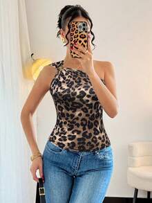 SHEIN Raffinéa Women's One Shoulder Leopard Print Top, Metallic Pleated Ruched Sleeveless Cheetah Knit Tank Top