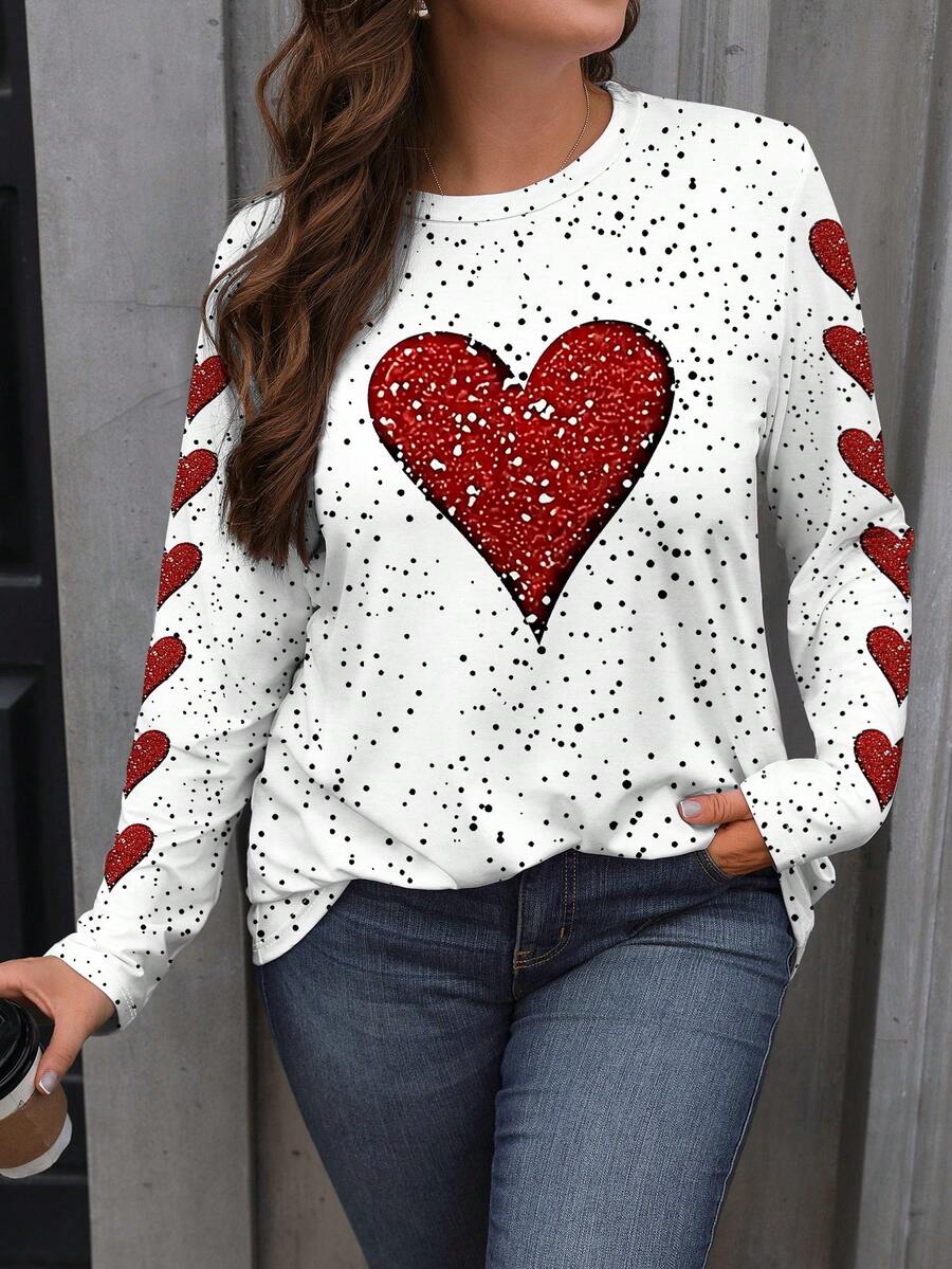 Ženska bluza plus size sa printom srca, okruglim izrezom i dugim rukavima