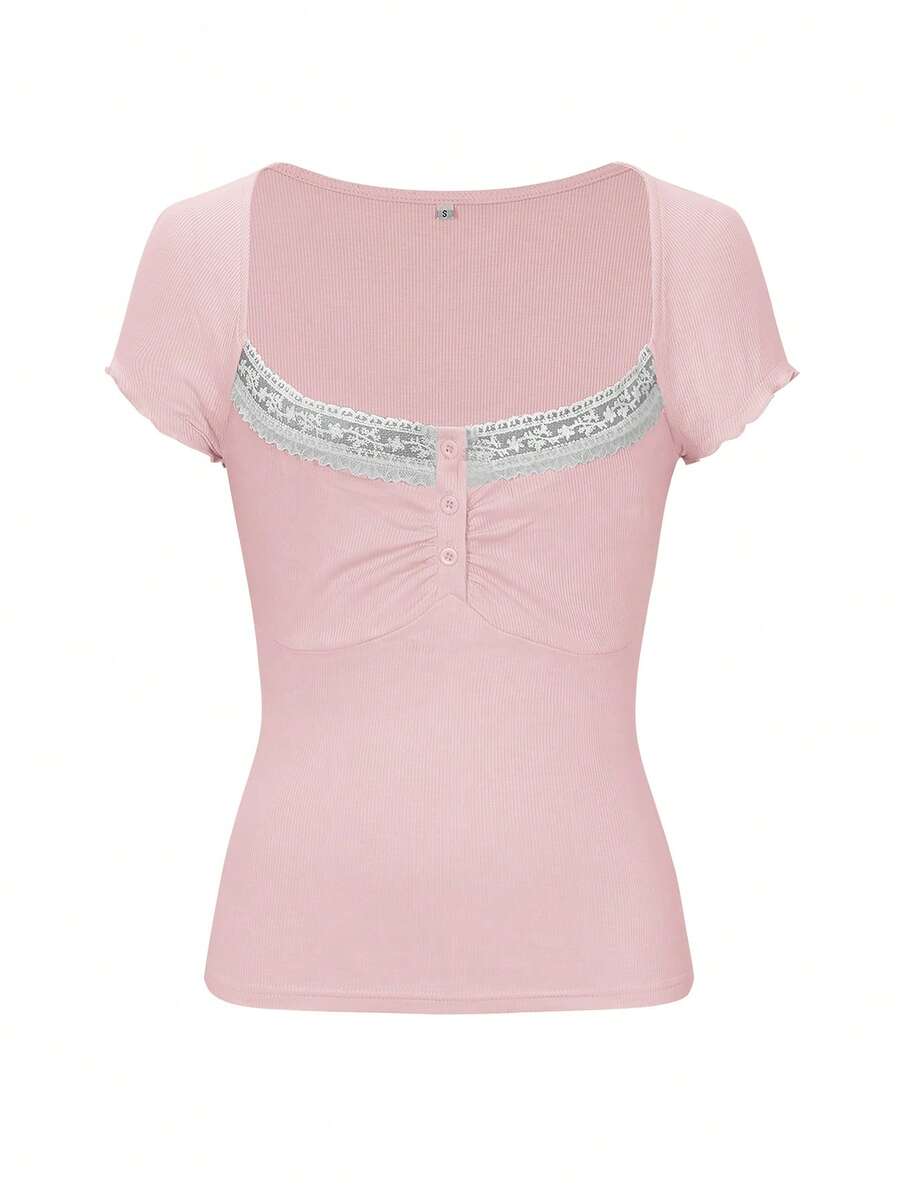 Ženska letnja majica sa čipkastim umetkom i kvadratnim izrezom – slim fit