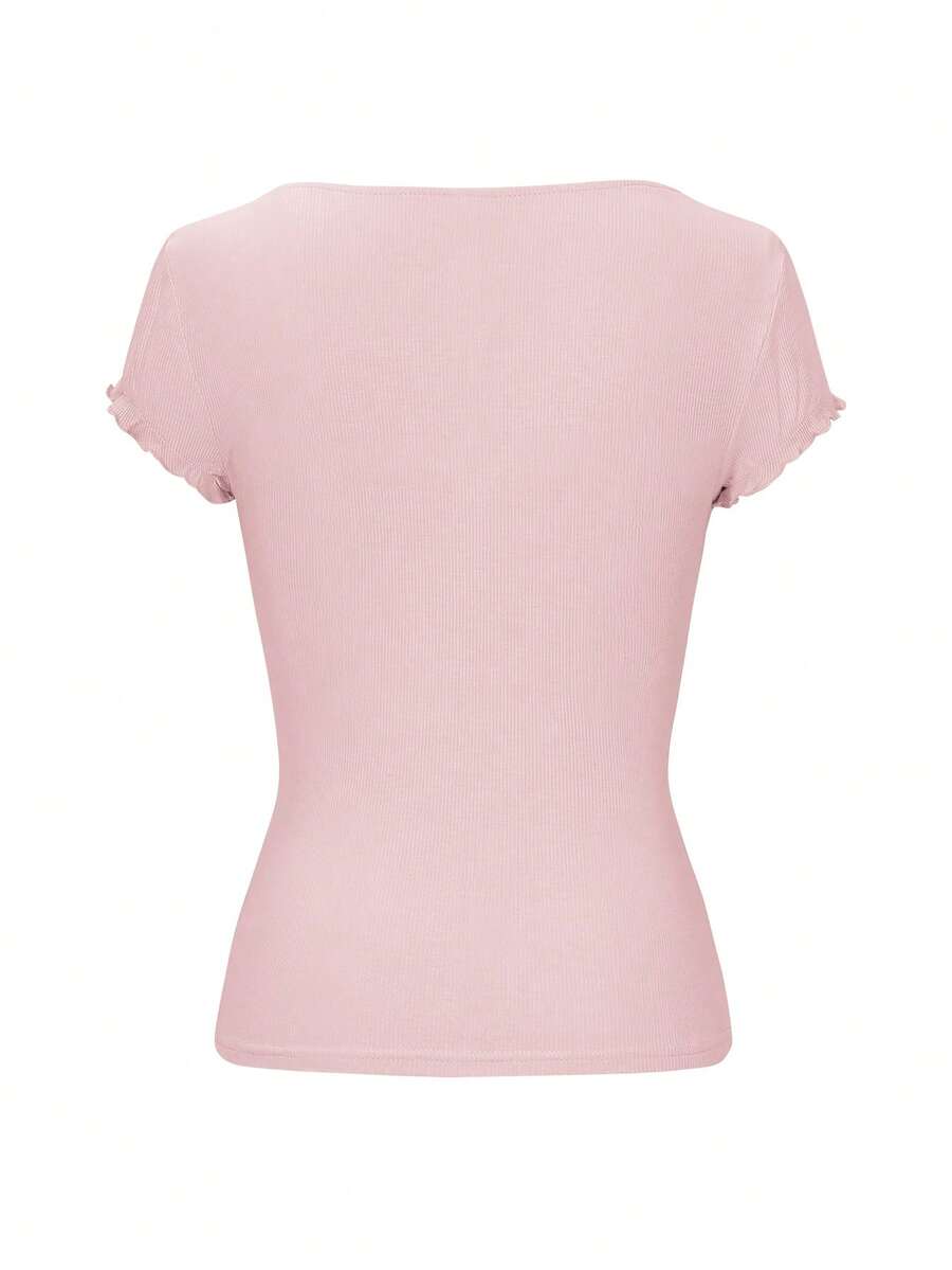Ženska letnja majica sa čipkastim umetkom i kvadratnim izrezom – slim fit